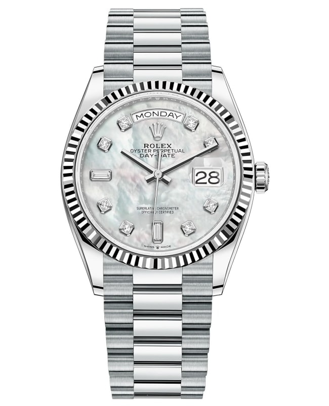 Rolex Day-Date Platinum Mother-of-Pearl Diamond Dial Women's Watch M128236-0002