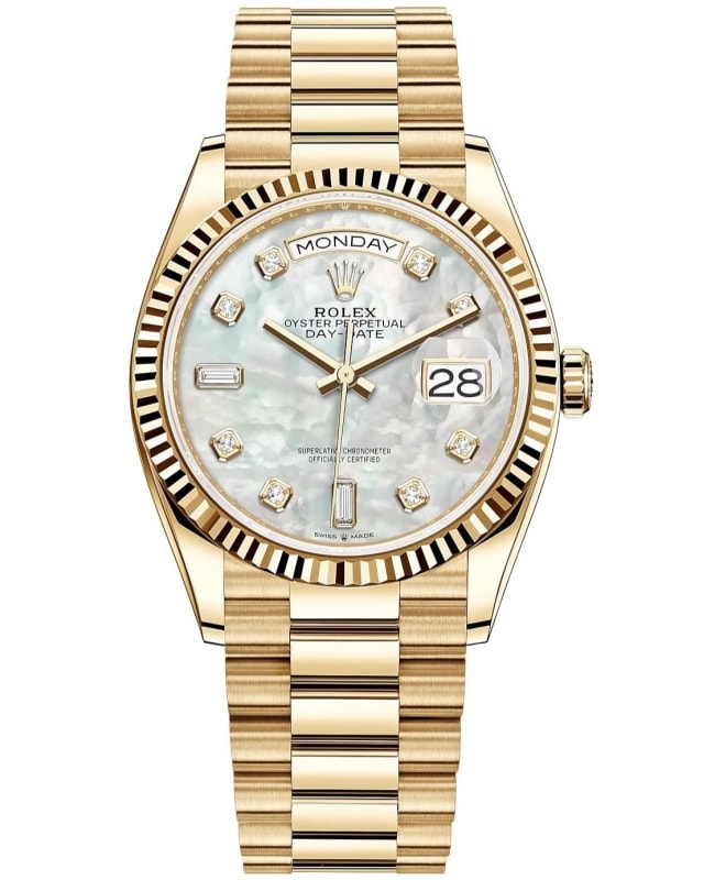 Rolex DayDate Yellow Gold Mother of Pearl Diamond Dial Womens Watch M1282380011 M1282380011