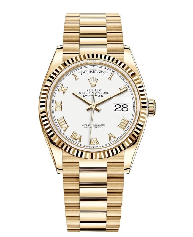 Rolex Day-Date Yellow Gold White Roman Dial Women's Watch M128238-0076