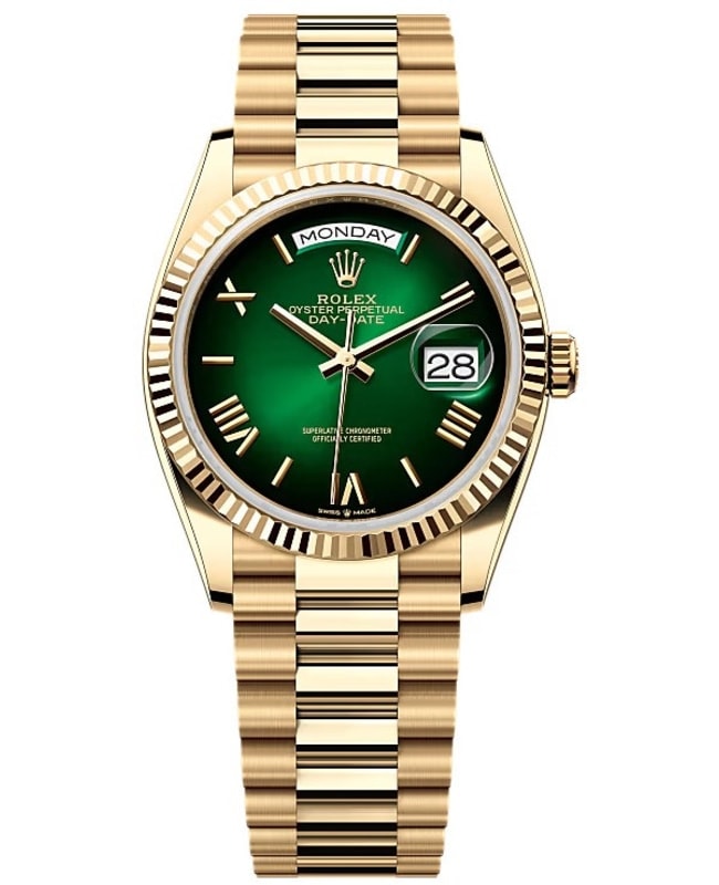 Rolex DayDate 36 Automatic Green Dial 18K Yellow Gold Womens Watch M1282380118 M1282380118