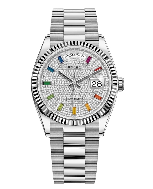Rolex Day-Date White Gold Diamond-Paved Gemstone Dial Women's Watch M128239-0019