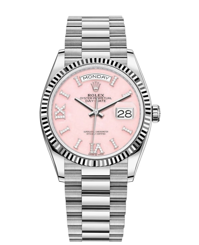 Rolex Day-Date White Gold Pink Opal Diamond Set Roman Dial Women's Watch M128239-0021