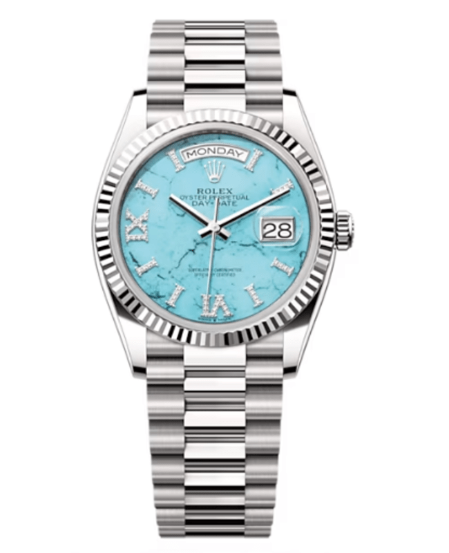 Rolex DayDate White Gold Turquoise DiamondSet Roman Dial Fluted Bezel Womens Watch M1282390044 M1282390044