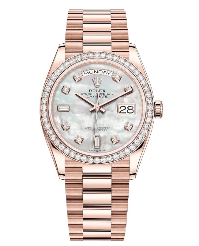 Rolex Day-Date Rose Gold Mother-of-Pearl Diamond Dial Diamond Bezel Women's Watch M128345RBR-0028