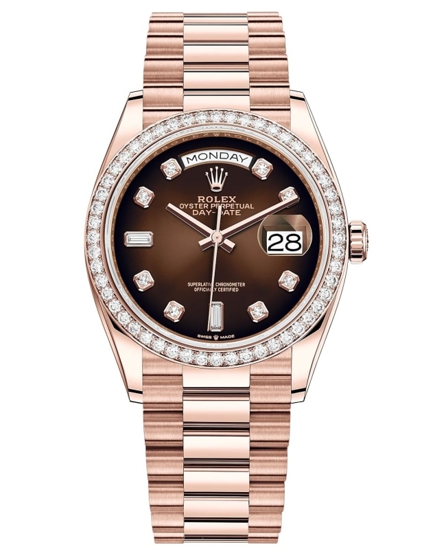 Rolex Day-Date Rose Gold Brown Ombre Diamond Dial Diamond Bezel Women's Watch M128345RBR-0040