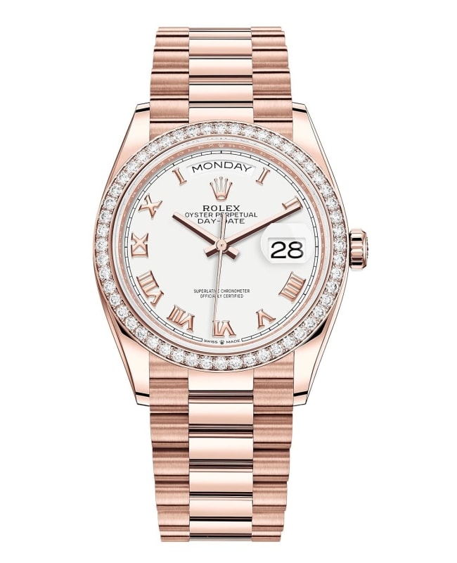 Rolex Day-Date Rose Gold White Roman Dial Diamond Bezel Women's Watch M128345RBR-0054