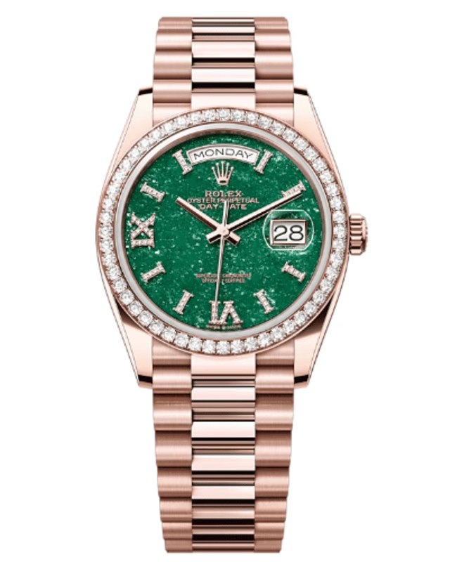 Rolex Day-Date Rose Gold Green Aventurine Diamond-Set Roman Dial Diamond Bezel Women's Watch M128345RBR-0068