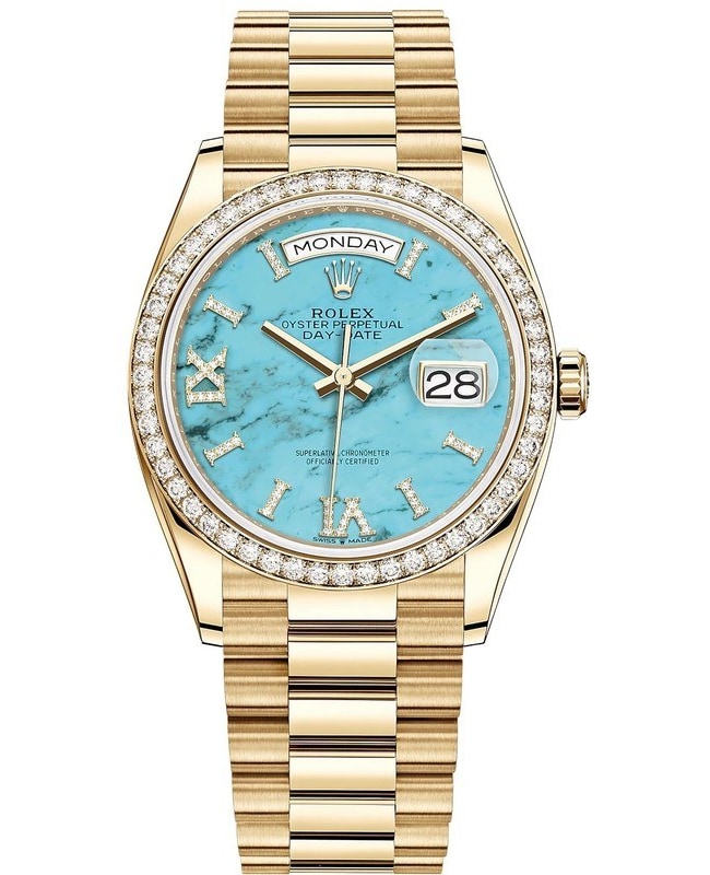 Rolex Day-Date Yellow Gold Turquoise Diamond-Set Roman Dial Diamond Bezel Women's Watch M128348RBR-0037