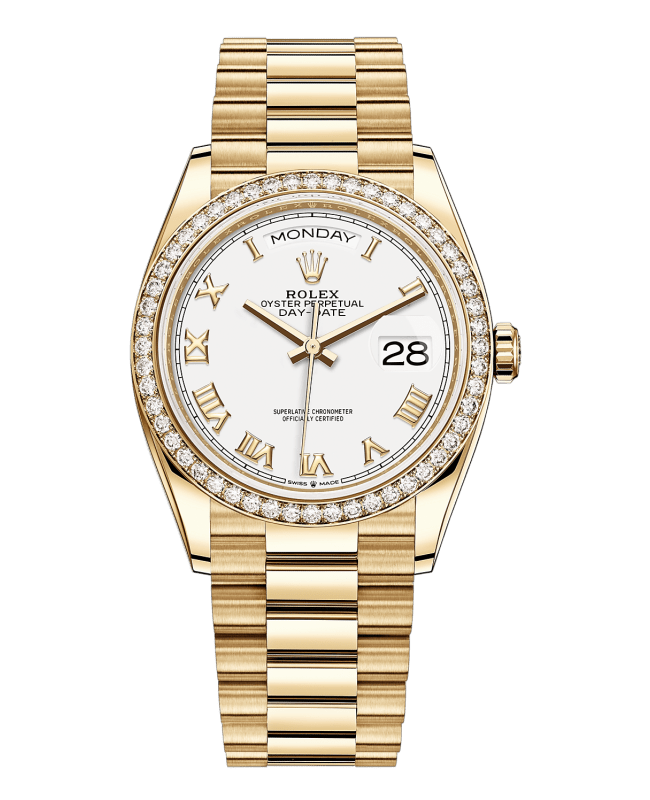 Rolex Day-Date Yellow Gold White Roman Dial Diamond Bezel Women's Watch M128348RBR-0042