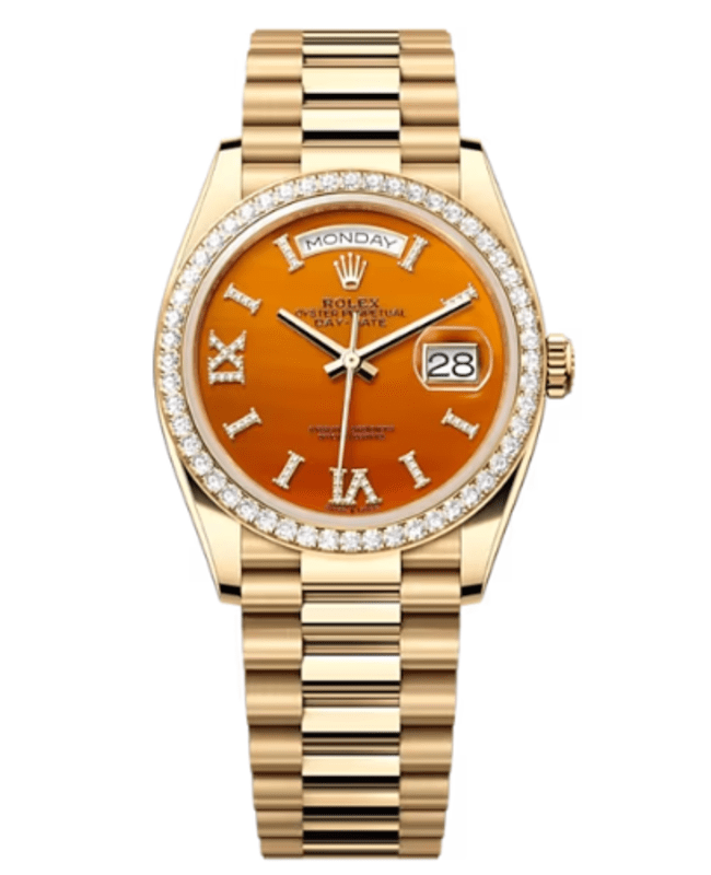 Rolex Day-Date Yellow Gold Carnelian Diamond-Set Roman Diamond Bezel Women's Watch M128348RBR-0049