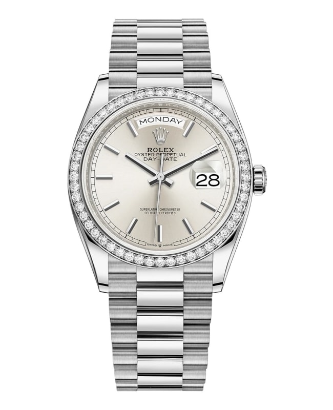 Rolex Day-Date White Gold Silver Dial Diamond Bezel Women's Watch M128349RBR-0001
