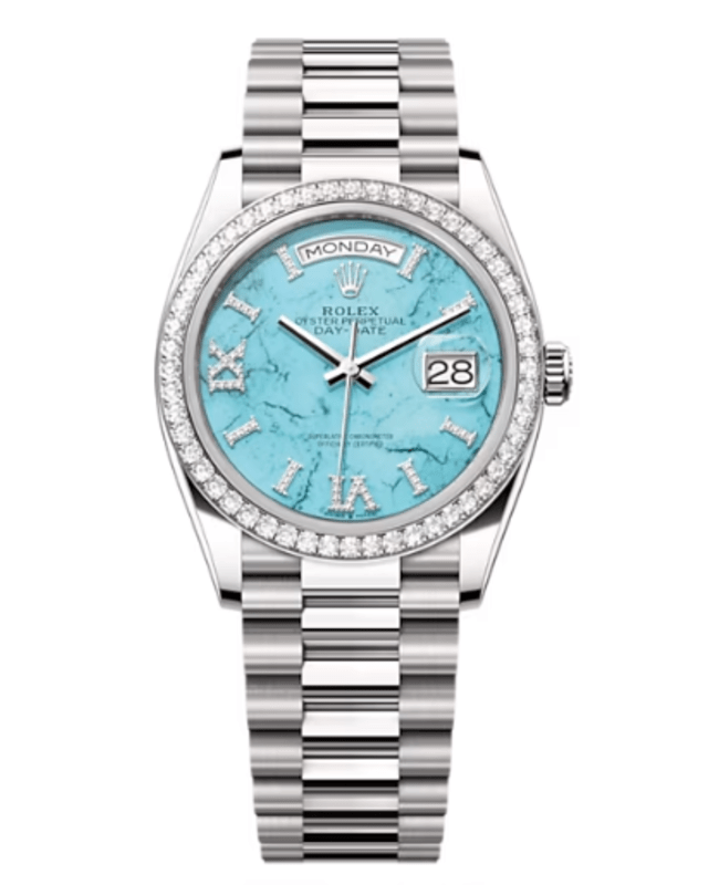 Rolex Day-Date White Gold Turquoise Diamond-Set Dial Diamond Bezel Women's Watch M128349RBR-0031