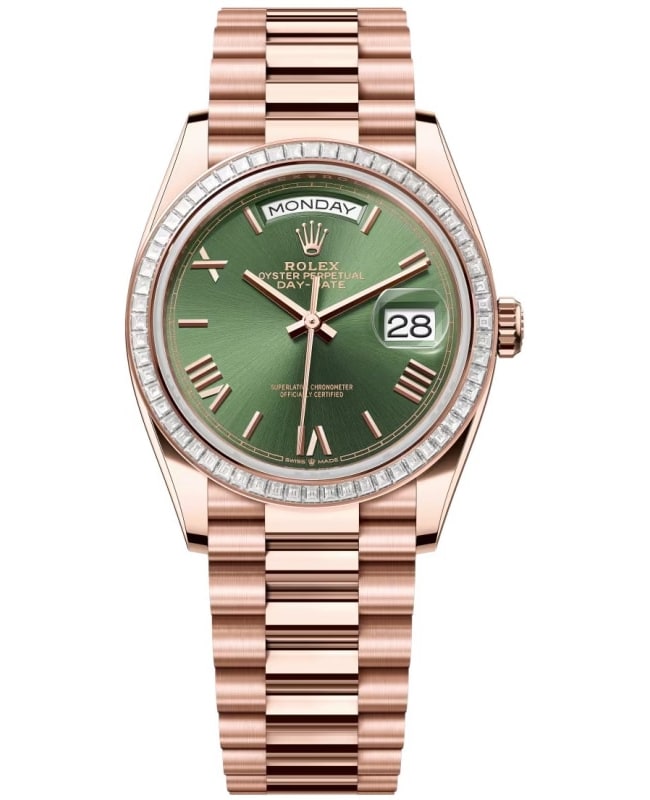 Rolex DayDate 36 Automatic Green Dial Diamond Bezel 18K Rose Gold Womens Watch M128395TBR0033 M128395TBR0033