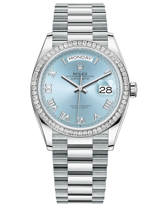 Rolex Day-Date Platinum Ice-Blue Dial Diamond Bezel Women's Watch M128396TBR-0002