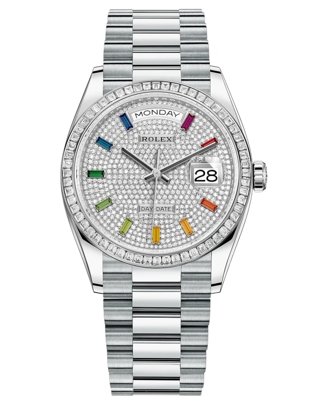Rolex Day-Date Platinum Diamond-Paved Gemstone Dial Diamond Bezel Women's Watch M128396TBR-0006