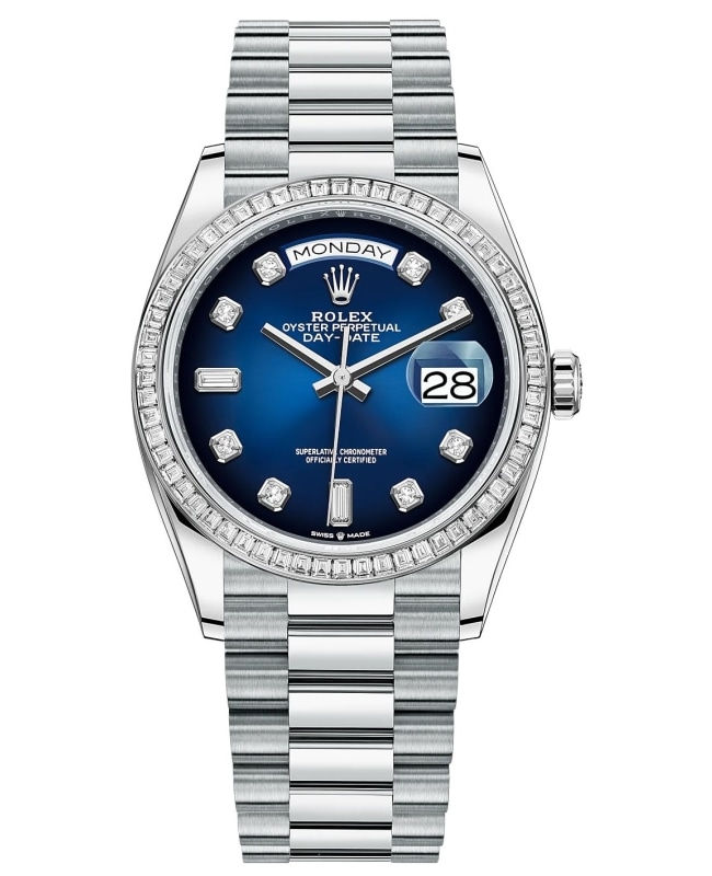 Rolex Day-Date Platinum Blue Ombre Diamond Dial Diamond Bezel Women's Watch M128396TBR-0008