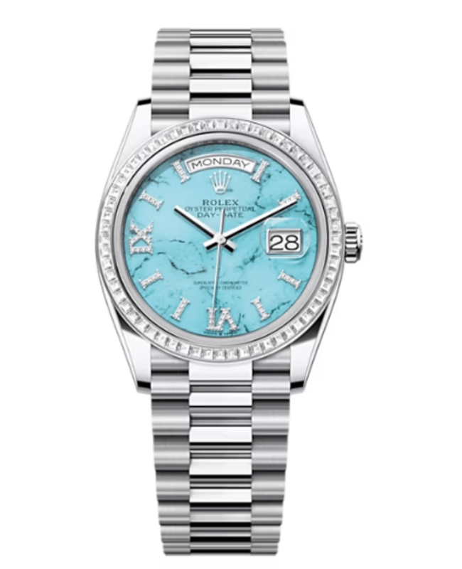 Rolex Day-Date Platinum Turquoise Diamond-Set Roman Dial Diamond Bezel Women's Watch M128396TBR-0016