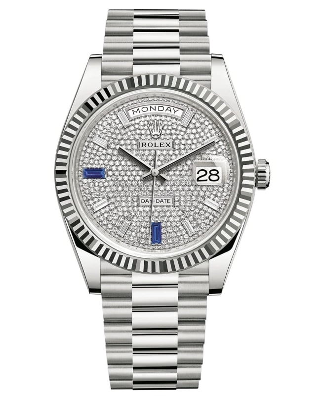 Rolex Day-Date 40 18K White Gold Diamond and Sapphire Paved Dial Men's Watch M228239-0049