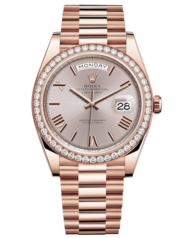 Rolex Day-Date 40 18k Everose Gold Sundust Dial Diamond Bezel Men's Watch M228345RBR-0008