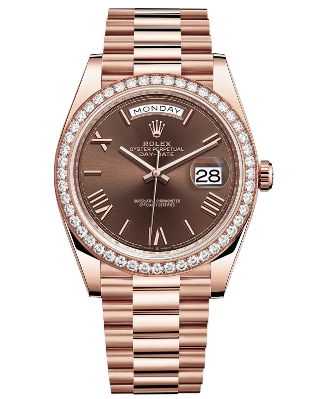 Rolex Day-Date 40 18k Everose Gold Chocolate Dial Diamond Bezel Men's Watch M228345RBR-0009