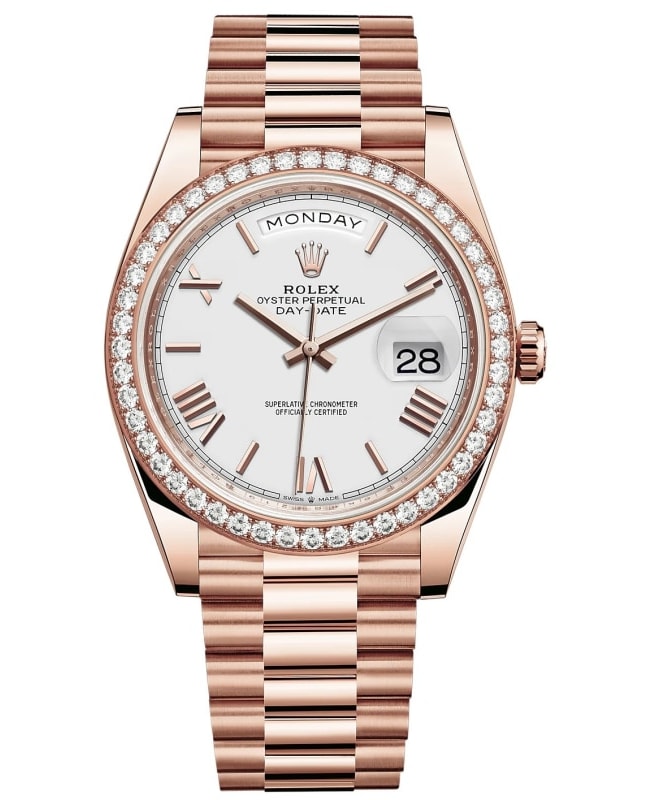 Rolex Day-Date 40 18k Everose Gold White Dial Diamond Bezel Men's Watch M228345RBR-0012