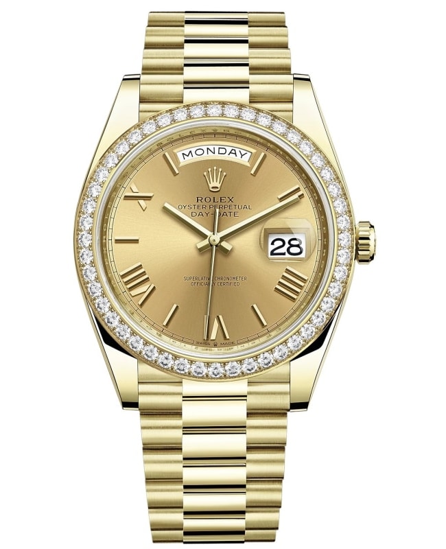 Rolex Day-Date 40 18K Yellow Gold Champagne Dial Diamond Bezel Men's Watch M228348RBR-0003