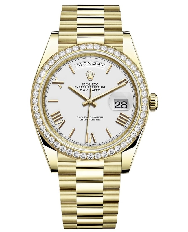 Rolex Day-Date 40 18K Yellow Gold White Dial Diamond Bezel Men's Watch M228348RBR-0034