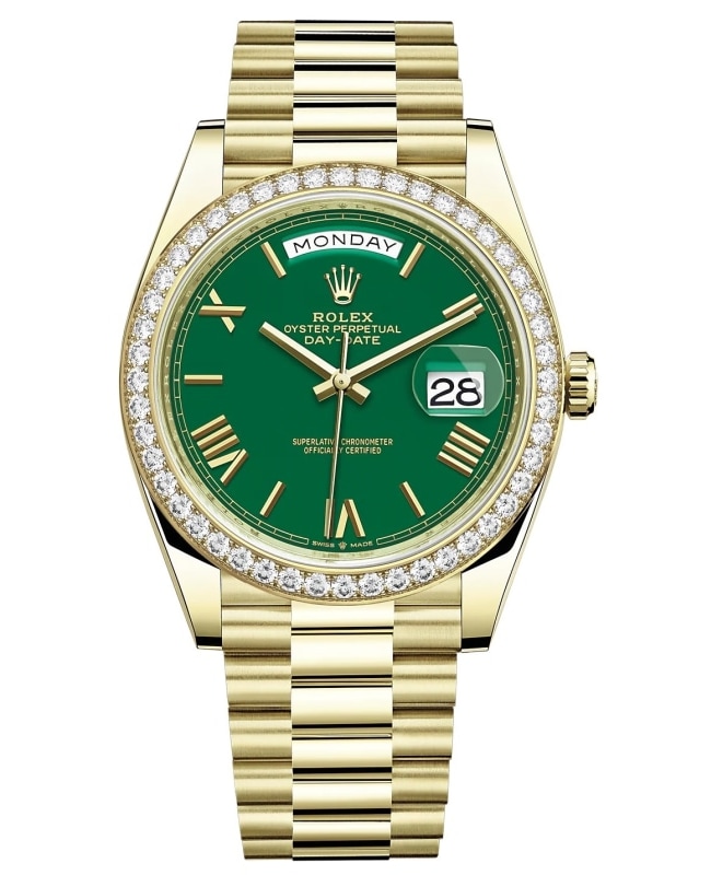 Rolex DayDate 40 18K Yellow Gold Green Dial Diamond Bezel Mens Watch M228348RBR0040 M228348RBR0040