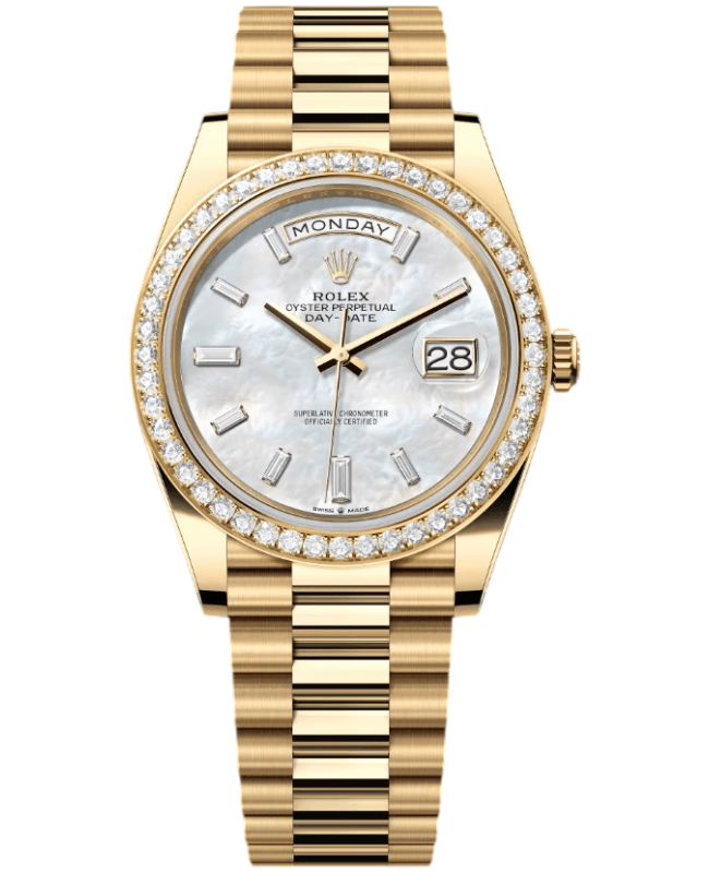 Rolex DayDate 40 Automatic Diamond White Mother of Pearl Dial 18K Yellow Gold President Bracelet Mens Watch M228348RBR0046 M228348RBR0046 Rolex DayDate 40 Automatic Diamond White Mother of Pearl Dial 18K Yellow Gold President Bracelet Mens Watch M228348RBR0046 M228348RBR0046