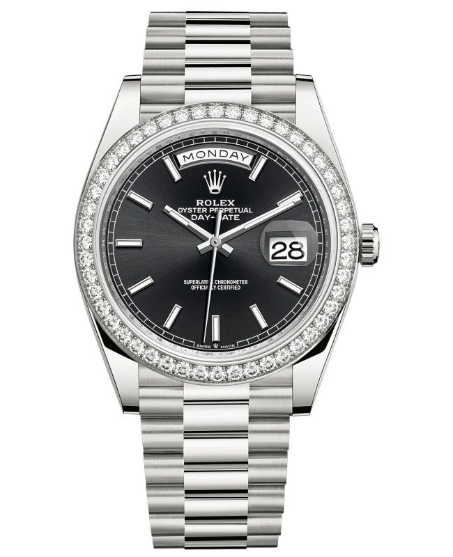 Rolex Day-Date 40 18K White Gold Black Dial Diamond Bezel Men's Watch M228349RBR-0002