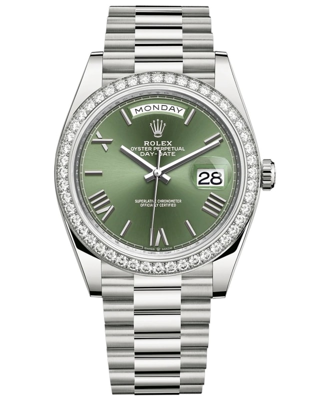 Rolex Day-Date 40 18k White Gold Olive Green Dial Diamond Bezel Men's Watch M228349RBR-0030