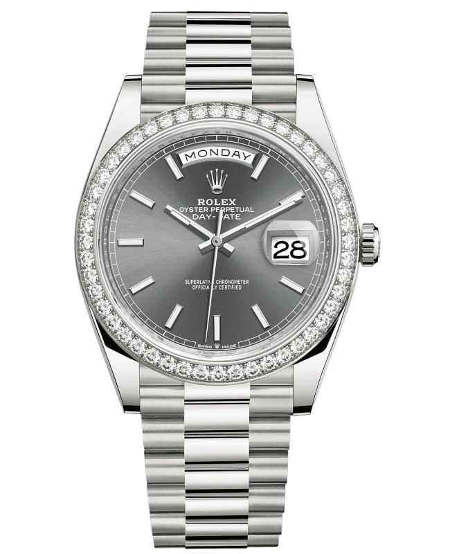 Rolex Day-Date 40 18K White Gold Slate Dial Diamond Bezel Men's Watch M228349RBR-0041