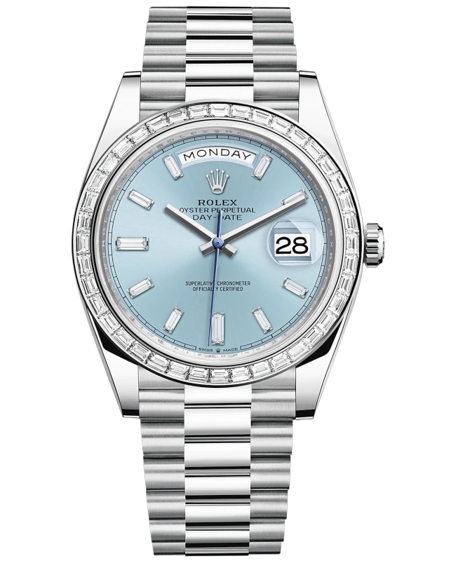 Rolex DayDate 40 Platinum IceBlue Diamond Dial Diamond Bezel Mens Watch M228396TBR0002 M228396TBR0002