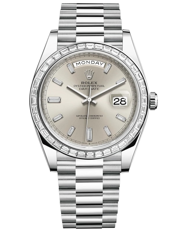 Rolex Day-Date 40 Platinum Silver Diamond Dial Diamond Bezel Men's Watch M228396TBR-0011