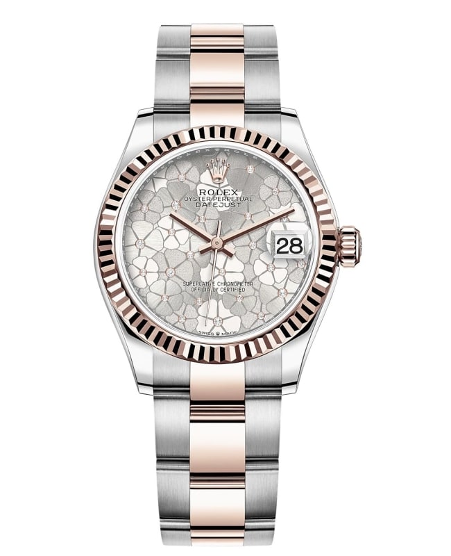 Rolex Datejust 31 Stainless Steel and Rose Gold Silver Floral-Motif Diamond Dial Women's Watch M278271-0031
