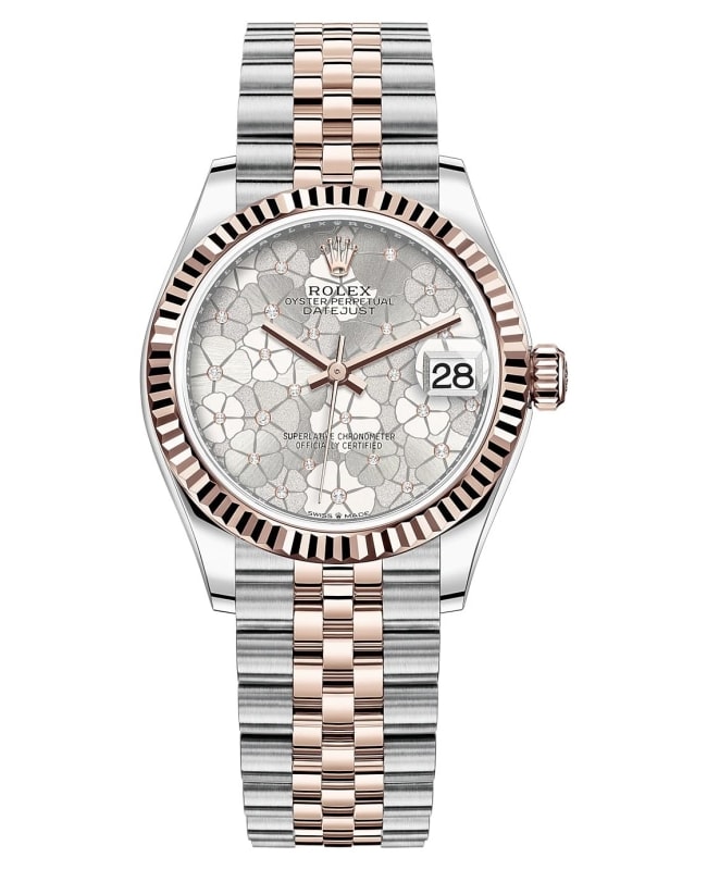 Rolex Datejust 31 Stainless Steel and Rose Gold Silver Floral-Motif Diamond Dial Women's Watch M278271-0032