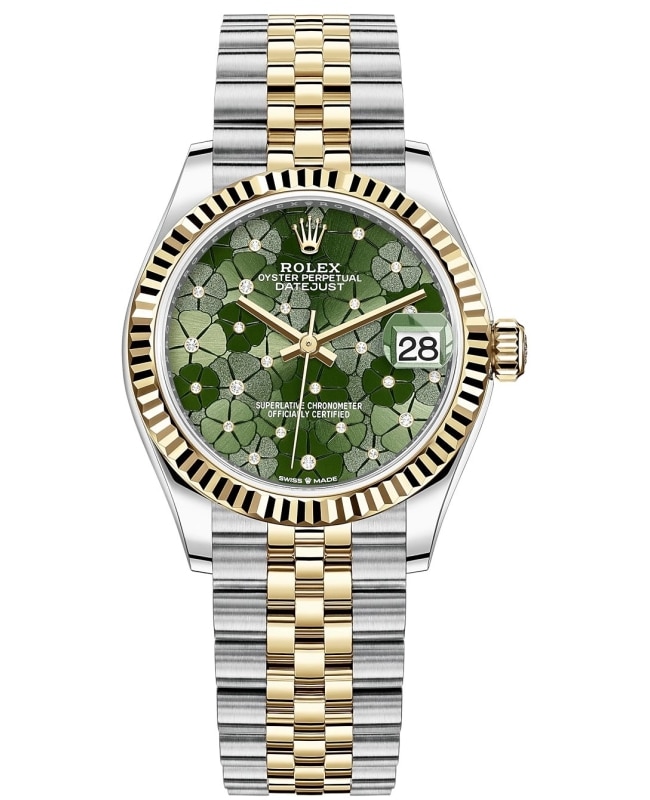 Rolex Datejust 31 Stainless Steel and Yellow Gold Olive Green Floral Motif Diamond Dial Women's Watch M278273-0032