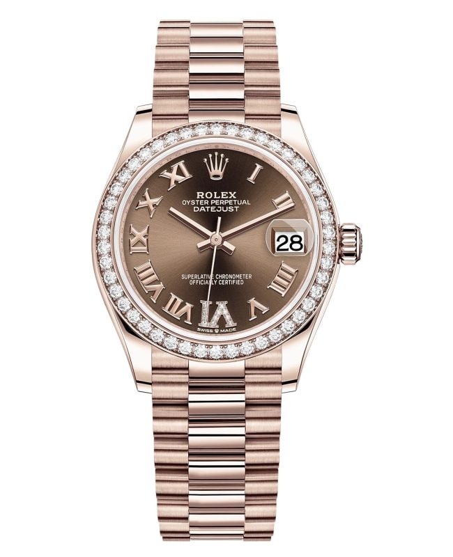Rolex Datejust 31 Everose Gold Chocolate Diamond Pave Roman Dial Diamond Bezel Women's Watch M278285RBR-0016