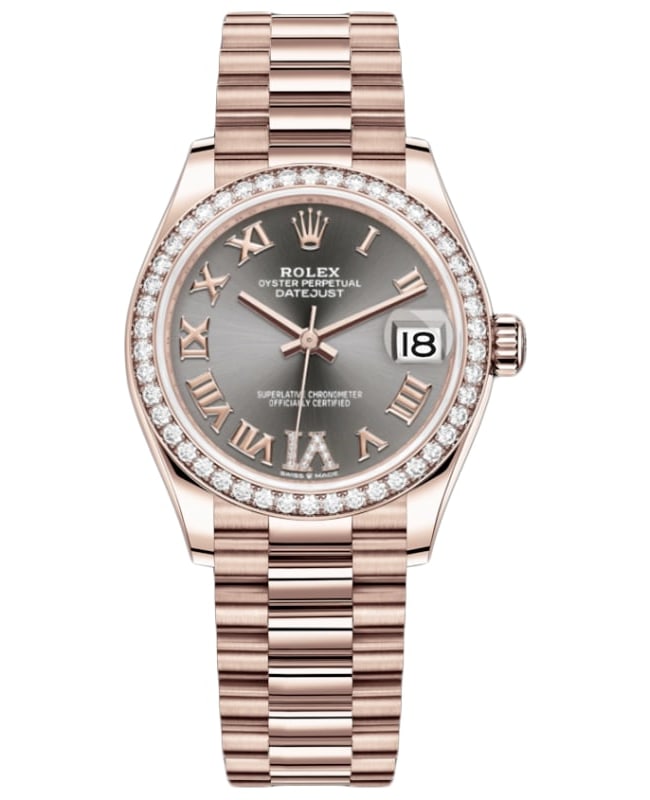 Rolex Datejust 31 Everose Gold Slate Diamond Pave Roman Dial Diamond Bezel Women's Watch M278285RBR-0027