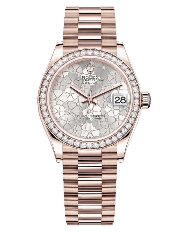 Rolex Datejust 31 Everose Gold Silver Floral-Motif Diamond Dial Diamond Bezel Women's Watch M278285RBR-0036