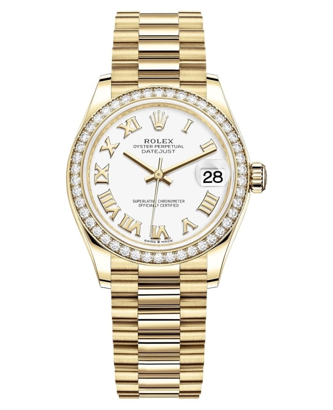 Rolex Datejust 31 Yellow Gold White Roman Dial Diamond Bezel Women's Watch M278288RBR-0009