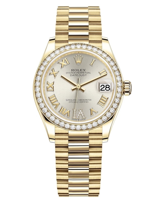 Rolex Datejust 31 Yellow Gold Silver Pave Roman Diamond Dial Diamond Bezel Women's Watch M278288RBR-0020
