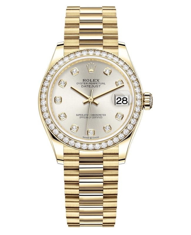 Rolex Datejust 31 Yellow Gold Silver Diamond Dial Diamond Bezel Women's Watch M278288RBR-0028