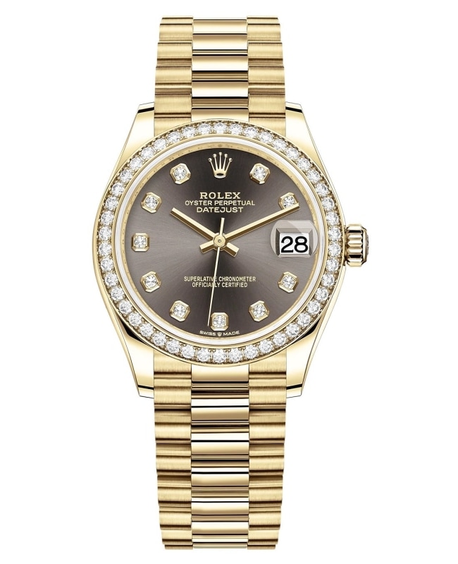 Rolex Datejust 31 Yellow Gold Dark Grey Diamond Dial Diamond Bezel Women's Watch M278288RBR-0030