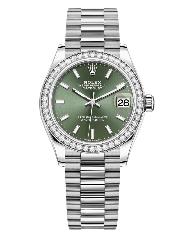 Rolex Datejust 31 White Gold Mint Green Dial Diamond Bezel Womens Watch M278289RBR0015 M278289RBR0015