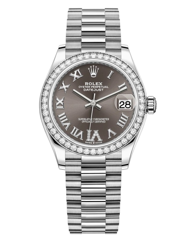 Rolex Datejust 31 White Gold Dark Grey Diamond Pave Roman Dial Diamond Bezel Women's Watch M278289RBR-0020