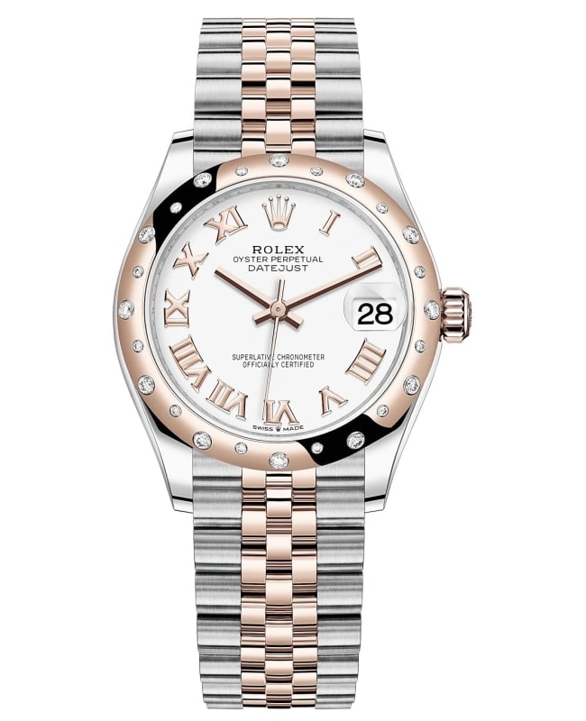 Rolex Datejust 31 Stainless Steel and Rose Gold White Roman Dial Domed Diamond Bezel Women's Watch M278341RBR-0002