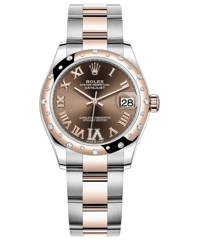 Rolex Datejust 31 Stainless Steel and Rose Gold Chocolate Pave Roman Dial Domed Diamond Bezel Women's Watch M278341RBR-0003