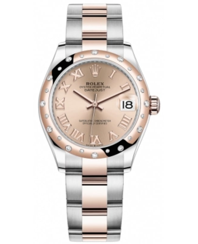 Rolex Datejust 31 Stainless Steel and Rose Gold Rose Roman Dial Domed Diamond Bezel Women's Watch M278341RBR-0005