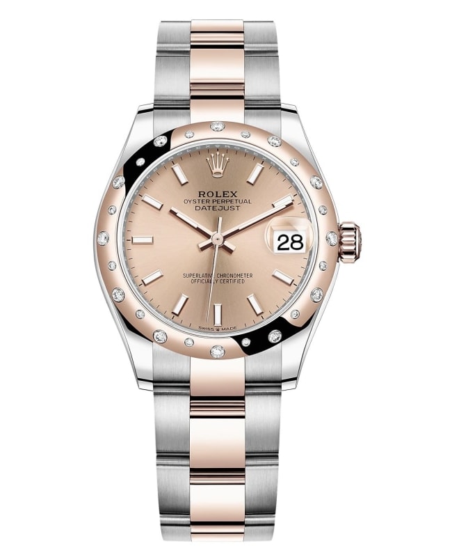 Rolex Datejust 31 Stainless Steel and Rose Gold Rose Dial Domed Diamond Bezel Women's Watch M278341RBR-0009